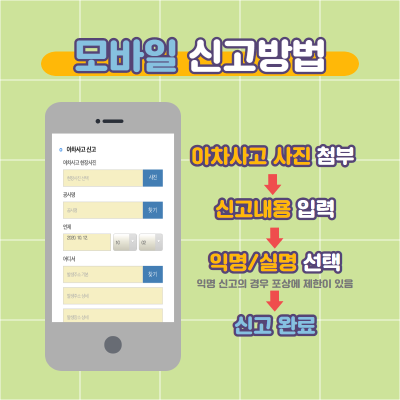 모바일 신고방법 | 아차사고 사진 첨부 → 신고내용 입력 → 익명/실명 선택(익명 신고의 경우 포상에 제한이 있음) → 신고완료